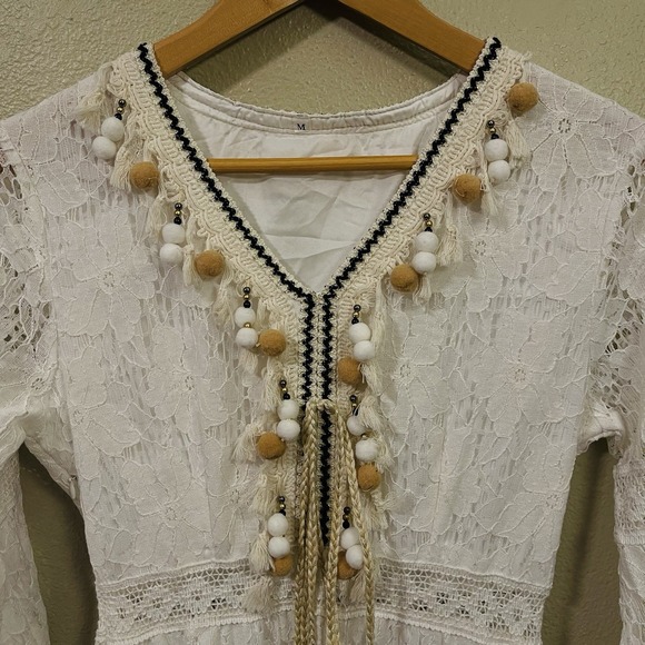 Boho‎ Maxi Lace Dress Ivory Lined Tassels Much Detail Festival Coachella Size M - Picture 2 of 9